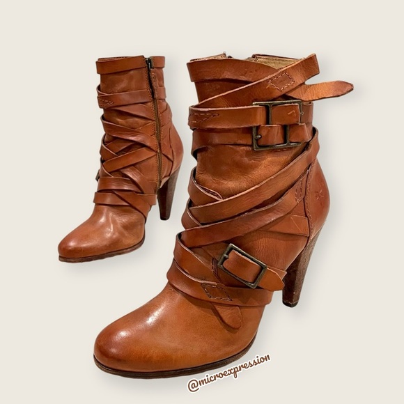 $369 Frye Mikaela Strappy Cognac Distressed Leather Zip Up Career Ankle Bootie - Picture 9 of 11